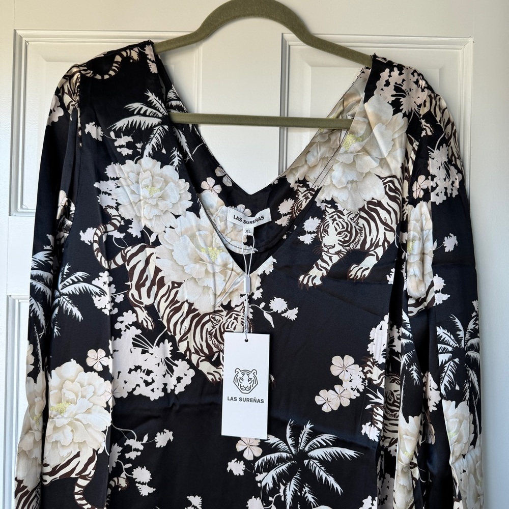 LAS SURENAS Tiger Romantic Silk Maxi Dress In Black - Picture 12 of 14